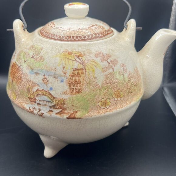 Tea Pot Brown & Ritchie Oriental Japanese Asian Garden Wire Handle Flaws - Picture 2 of 16